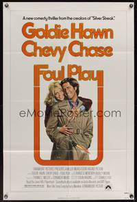 7z353 FOUL PLAY 1sh '78 wacky Lettick art of Goldie Hawn & Chevy Chase, screwball comedy!