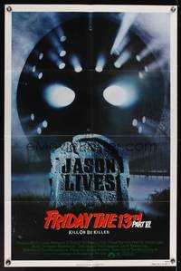7z361 FRIDAY THE 13th PART VI 1sh '86 Jason Lives, cool image of hockey mask & tombstone!