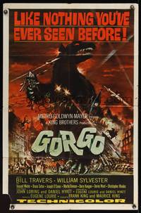7z406 GORGO 1sh '61 great artwork of giant monster terrorizing city by Joseph Smith!