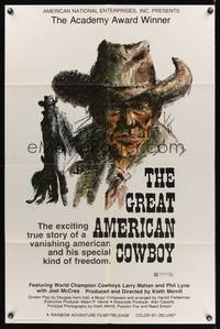 7z409 GREAT AMERICAN COWBOY awards 1sh '74 Larry Mahan, cool Ralph Butler cowboy art!