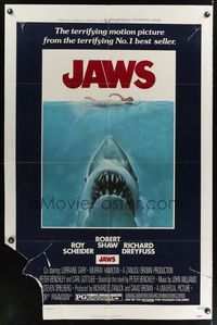 7z501 JAWS 1sh '75 artwork of Steven Spielberg's classic man-eating shark attacking sexy swimmer!