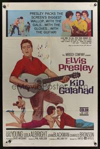7z517 KID GALAHAD 1sh '62 art of Elvis Presley singing with guitar, boxing, and romancing!