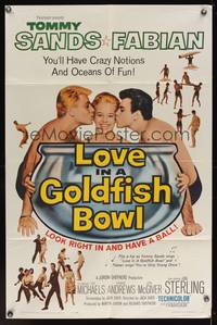 7z556 LOVE IN A GOLDFISH BOWL 1sh '61 great art of Tommy Sands & Fabian kissing pretty girl!