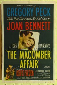 7z562 MACOMBER AFFAIR 1sh '47 Gregory Peck, Joan Bennett, Hemingway's story of bold violent love!