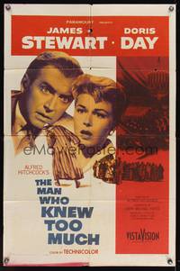 7z582 MAN WHO KNEW TOO MUCH 1sh '56 Alfred Hitchcock, husband & wife Jimmy Stewart & Doris Day!