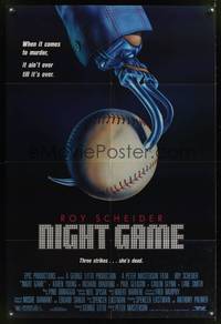 7z633 NIGHT GAME 1sh '89 Roy Schneider, Karen Young, wild art of hook hand & baseball!