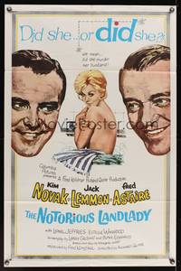 7z651 NOTORIOUS LANDLADY 1sh '62 art of sexy naked Kim Novak between Jack Lemmon & Fred Astaire!