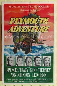 7z687 PLYMOUTH ADVENTURE 1sh '52 Spencer Tracy, Gene Tierney, cool art of ship at sea!