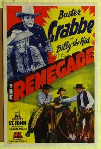 7z715 RENEGADE 1sh '43 Buster Crabbe as Billy the Kid with Fuzzy St. John!