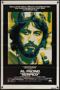 7z750 SERPICO 1sh '74 cool close up image of Al Pacino, Sidney Lumet crime classic!