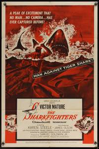 7z763 SHARKFIGHTERS 1sh '56 Victor Mature, cool artwork of man fighting sharks w/knife!