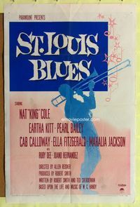 7z807 ST. LOUIS BLUES 1sh '58 Nat King Cole, Eartha Kitt, art of silhouette playing trombone!