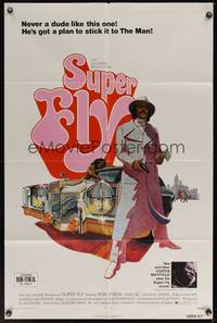 7z839 SUPER FLY 1sh '72 great artwork of Ron O'Neal with car & girl sticking it to The Man!