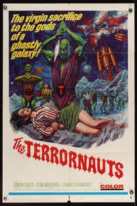 7z863 TERRORNAUTS 1sh '67 wild art of alien virgin sacrifice to the gods of a ghastly galaxy!