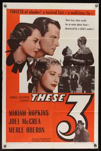 7z871 THESE THREE 1sh R54 Miriam Hopkins, Merle Oberon & Joel McCrea targets of slander!