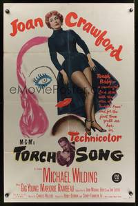 7z888 TORCH SONG 1sh '53 unusual art of tough baby Joan Crawford, a wonderful love story!