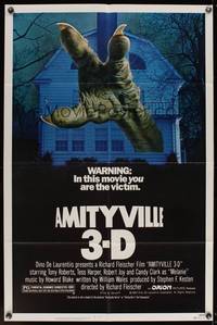 8b166 AMITYVILLE 3D 1sh '83 cool 3-D image of huge monster hand reaching from house!