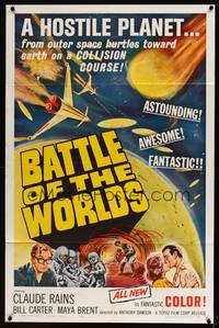 8b185 BATTLE OF THE WORLDS 1sh '61 cool sci-fi, flying saucers from a hostile enemy planet!