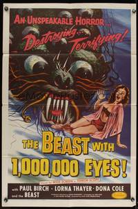 8b188 BEAST WITH 1,000,000 EYES 1sh '55 great art of monster attacking sexy girl by Albert Kallis!