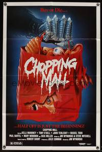 8b224 CHOPPING MALL video 1sh '86 art of severed hand carrying shopping bag with head in it!