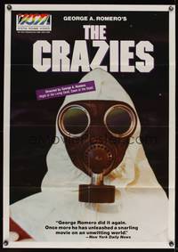 8b237 CRAZIES video 1sh R1980s George Romero, great super close image of creepy hooded man in gas mask!