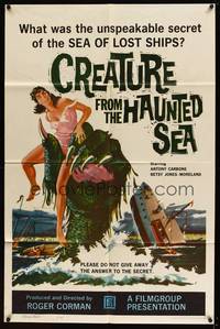 8b238 CREATURE FROM THE HAUNTED SEA 1sh '61 art of huge sea monster's hand grabbing sexy girl!