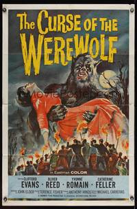 8b250 CURSE OF THE WEREWOLF 1sh '61 Hammer, art of Oliver Reed holding victim surrounded by mob!