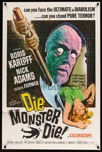 8b267 DIE, MONSTER, DIE 1sh '65 cool artwork of Boris Karloff, the ultimate in diabolism!