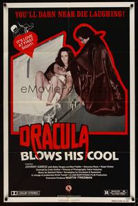 8b273 DRACULA BLOWS HIS COOL 1sh '82 vampire fashion photographer, wacky image of girl in coffin!