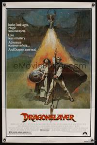 8b279 DRAGONSLAYER 1sh '81 cool Jeff Jones fantasy artwork of Peter MacNicol w/spear, dragon!