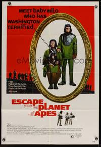 8b289 ESCAPE FROM THE PLANET OF THE APES 1sh '71 meet Baby Milo who has Washington terrified!