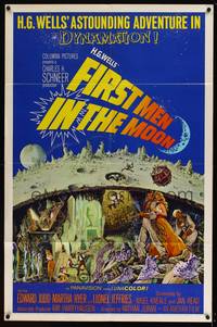8b300 FIRST MEN IN THE MOON  1sh '64 Ray Harryhausen, H.G. Wells, fantastic sci-fi artwork!