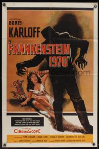 8b311 FRANKENSTEIN 1970 1sh '58 Boris Karloff, great artwork of monster attacking sexy girl!