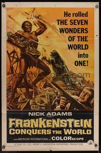 8b312 FRANKENSTEIN CONQUERS THE WORLD 1sh '66 art of monsters terrorizing city by Reynold Brown!