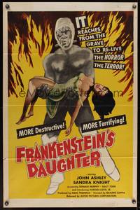 8b314 FRANKENSTEIN'S DAUGHTER 1sh '58 great full-length art of wacky monster holding sexy girl!