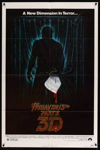 8b316 FRIDAY THE 13th PART 3 - 3D 1sh '82 slasher sequel, art of Jason stabbing through shower!
