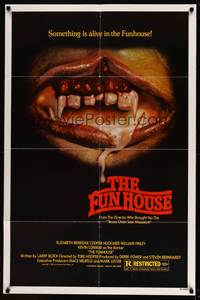 8b319 FUNHOUSE 1sh '81 Tobe Hooper, creepy close up of drooling mouth with nasty teeth!