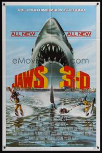 8b390 JAWS 3-D 1sh '83 great Gary Meyer shark artwork, the third dimension is terror!