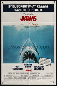 8b386 JAWS 1sh R79 artwork of Steven Spielberg's classic man-eating shark attacking sexy swimmer!