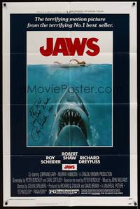 8b385 JAWS signed 1sh '75 by Roy Scheider, best art of shark about to eat sexy swimmer!