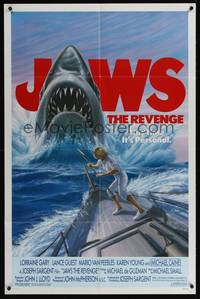 8b391 JAWS: THE REVENGE 1sh '87 great artwork of shark attacking ship, this time it's personal!