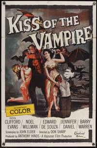 8b396 KISS OF THE VAMPIRE 1sh '63 Hammer, cool art of devil bats attacking by Joseph Smith!