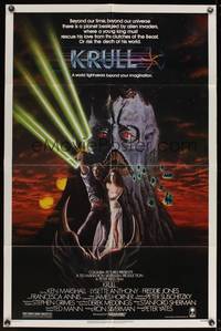 8b400 KRULL 1sh '83 great sci-fi fantasy art of Ken Marshall & Lysette Anthony in monster's hand!