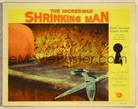 8b097 INCREDIBLE SHRINKING MAN LC #3 '57 cool fx image of tiny man by giant yard ball & scissors!