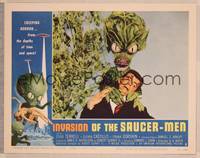 8b102 INVASION OF THE SAUCER MEN LC #5 '57 fantastic close up of cabbage head alien choking guy!