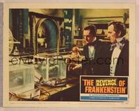 8b125 REVENGE OF FRANKENSTEIN LC #6 '58 Peter Cushing points to living eyes and arm in water tank!