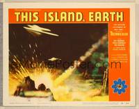 8b135 THIS ISLAND EARTH LC #3 '55 cool image of comet-like spaceship crashing in barren area!