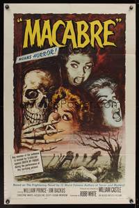 8b411 MACABRE  1sh '58 William Castle, cool artwork of skeleton & screaming babes in graveyard!