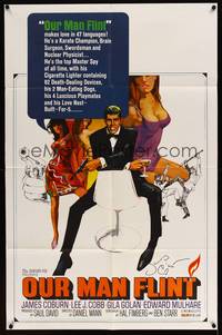 8b459 OUR MAN FLINT signed 1sh '66 by James Coburn, art of spy & sexy babes by Bob Peak!