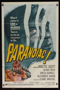 8b462 PARANOIAC 1sh '63 a horrorwing excursion that takes you deep into its twisted mind!